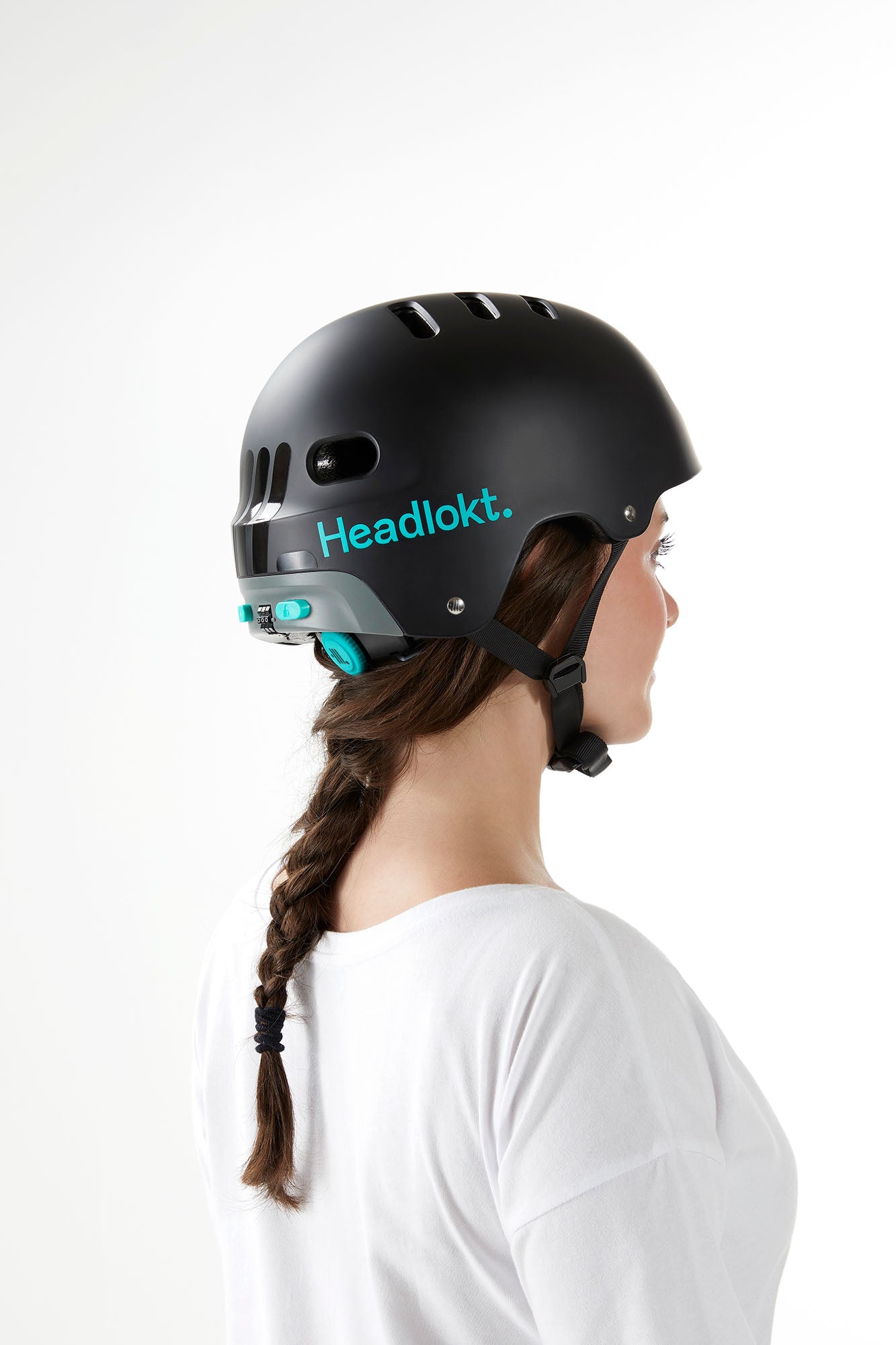 Lady wearing Headlokt Black Helmet