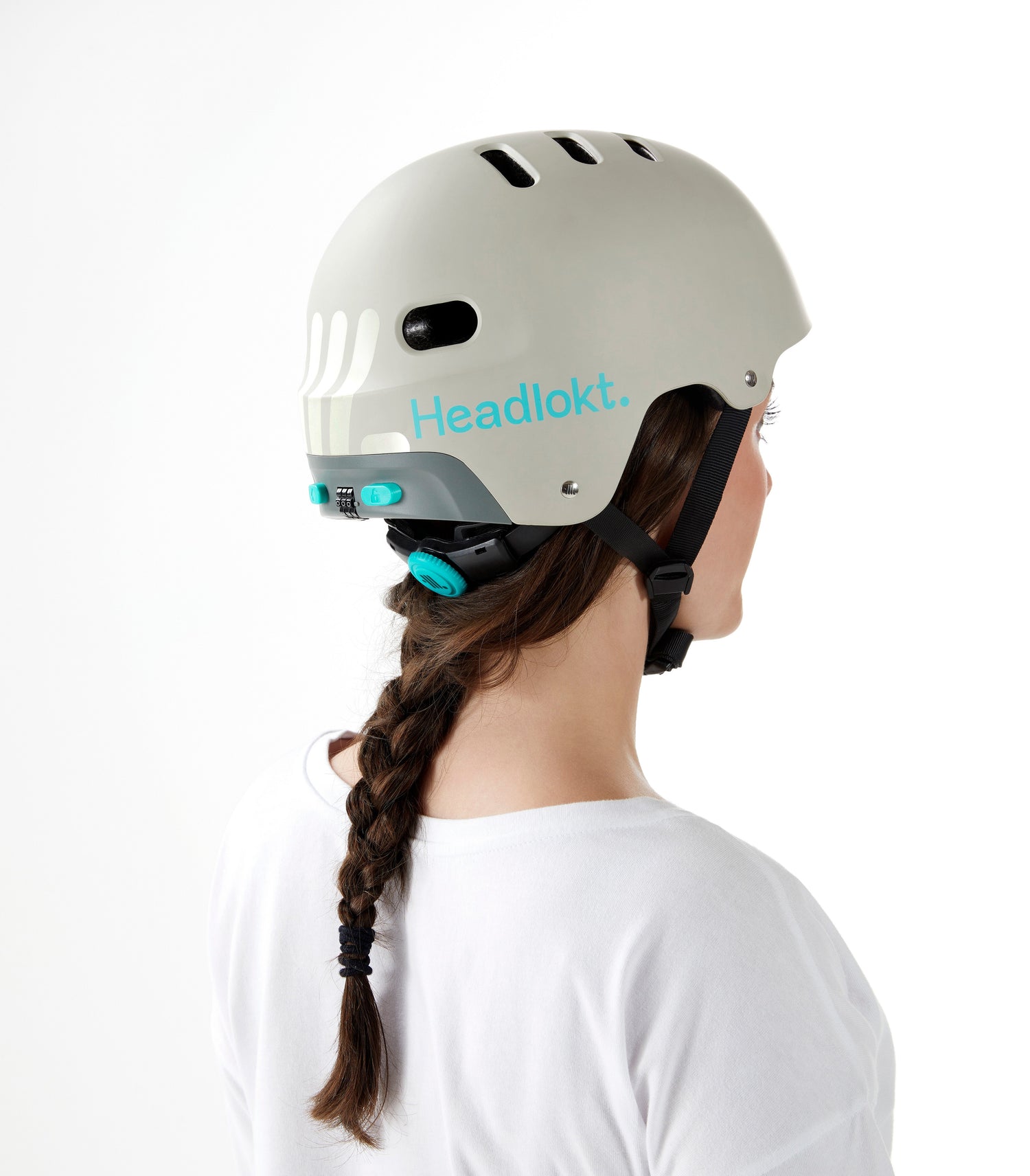 Zara Harrington Modelling White Headlokt Helmet